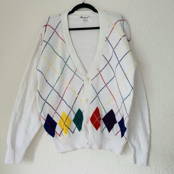 Vintage Cardigan Sweater Men M White Argyle Rainbow Preppy 90s Teacher Grandpa - Picture 1 of 10